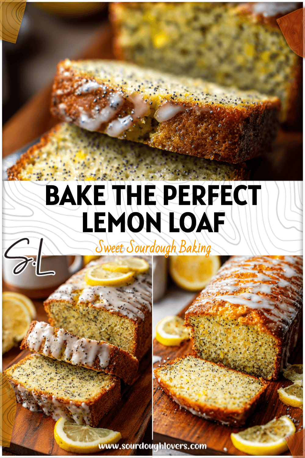 Golden sourdough lemon poppy seed loaf topped with glaze on a wooden board 26